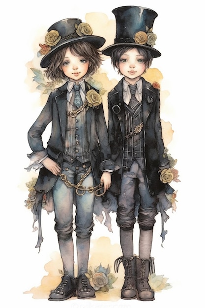 Twee kinderen gekleed in Victoriaanse kleding en hoeden staan naast elkaar generatieve ai