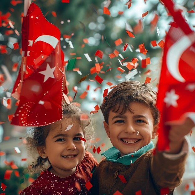 twee kinderen glimlachen en zwaaien met een vlag en een rode vlag