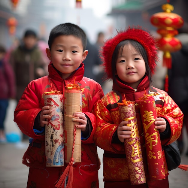 Twee kinderen in Chinese kostuums houden kaarsen vast en glimlachen naar de camera