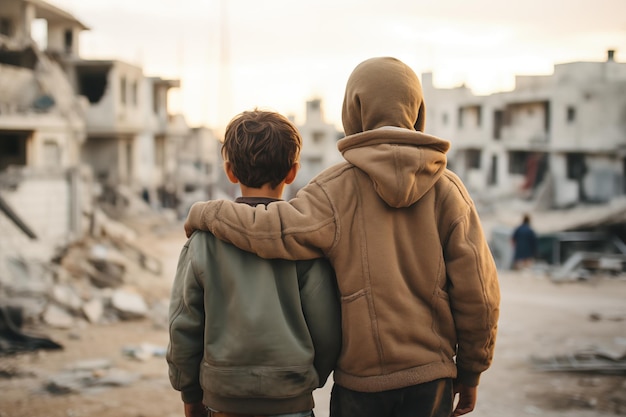 twee kinderen in een door oorlog verscheurde Palestijnse straat