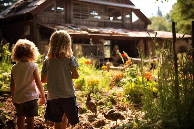 Twee kinderen kijken naar een vogel voor een houten huis.