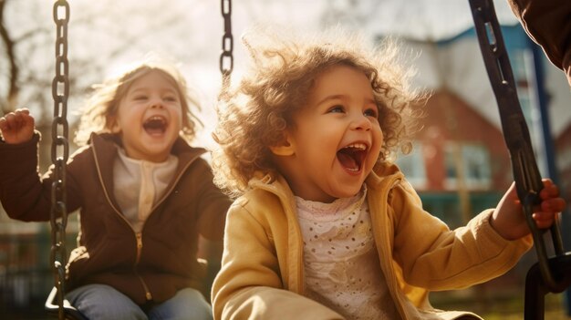 Twee kinderen lachen en zwaaien hoog op een zonverlichte speeltuin hun voeten reiken vreugdevol naar de hemel