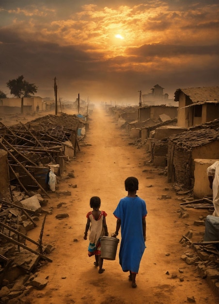 twee kinderen lopen over een zandweg met een zonsondergang op de achtergrond