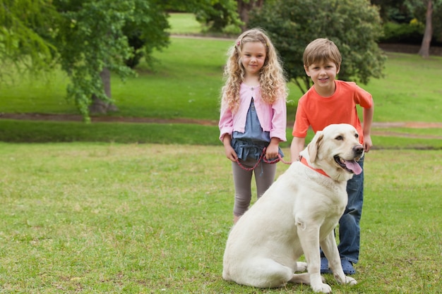Twee kinderen met een hond in het park