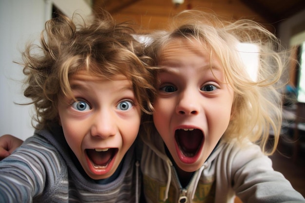 twee kinderen met een open mond, waarvan de ene de andere heeft die zijn mond wijd open laat zien.