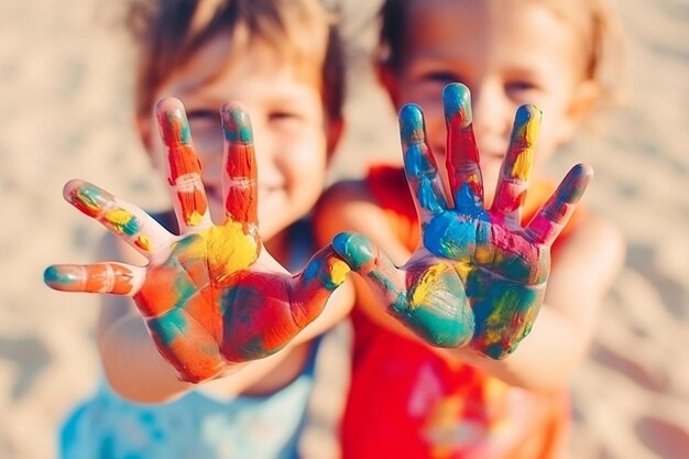 Foto twee kinderen met hun handen geschilderd in felle kleuren