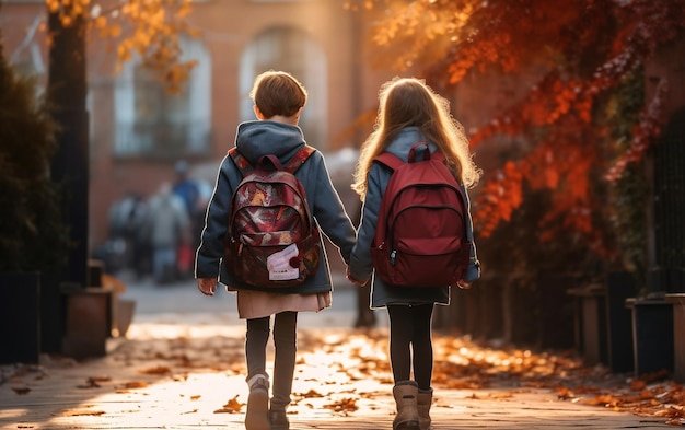 Twee kinderen met rugzakken kijken uit over een vallei AI