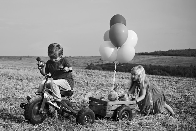 Twee kinderen plezier in veld tegen blauwe hemelachtergrond. Eco-resortactiviteiten. Kinderen boer