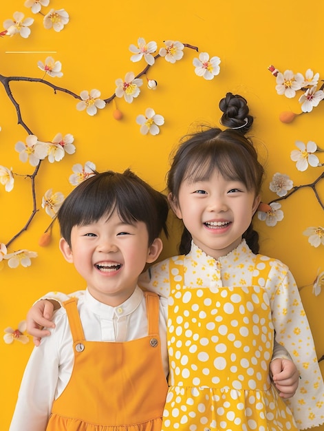 Foto twee kinderen poseren voor een foto met een gele achtergrond