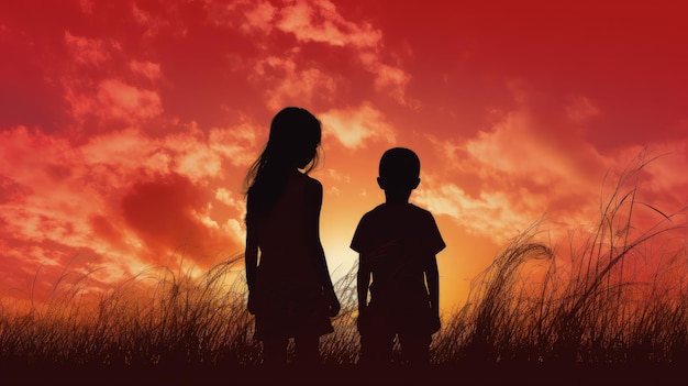 Twee kinderen schetsen voor rode lucht en gras silhouet concept