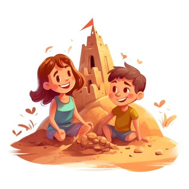 Twee kinderen spelen in de cartoonillustratie van het zandkasteel met generatieve ai