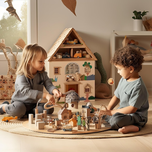 Twee kinderen spelen met een houten poppenhuis met een boom aan de muur