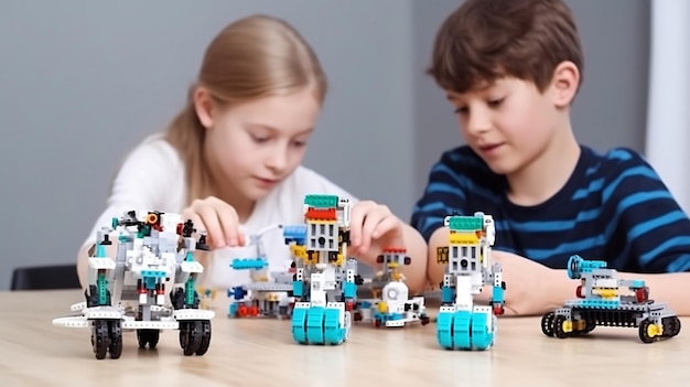 Twee kinderen spelen met een robot op tafel