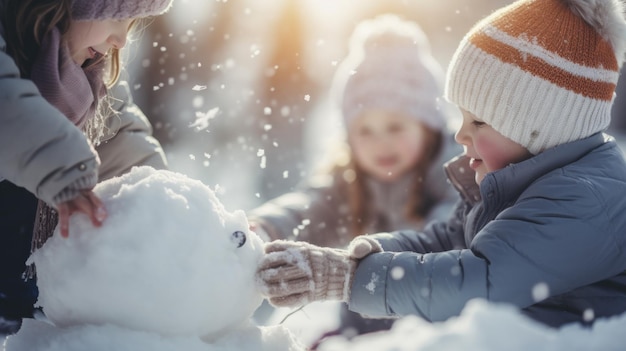 Twee kinderen spelen met een sneeuwpop in de winter ai