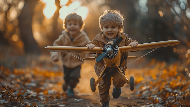 twee kinderen spelen met een vliegtuig dat het woord op de bodem zegt