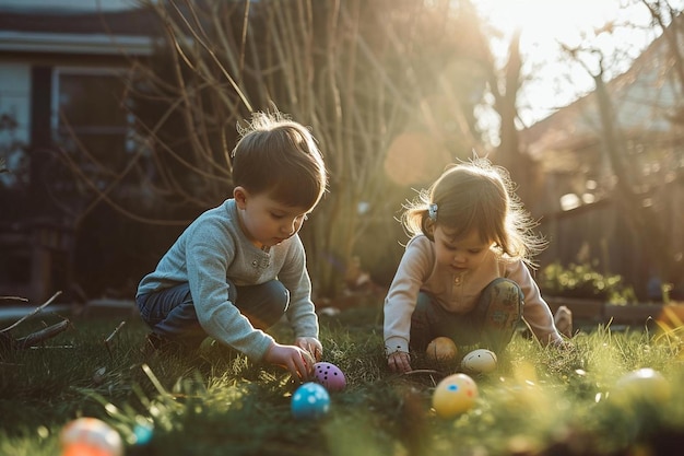 twee kinderen spelen met paaseieren in het gras