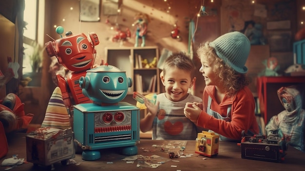 Twee kinderen spelen met robots Jongens spelen met retro robots