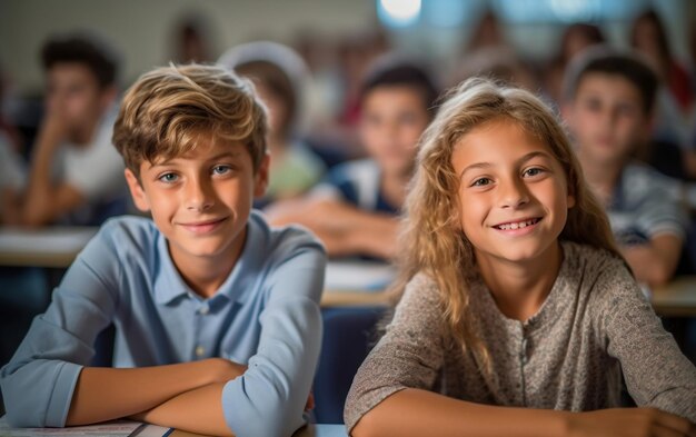 Twee kinderen zitten aan bureaus in een klaslokaal