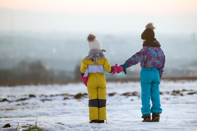 Twee kinderenbroer en zuster die zich in openlucht op sneeuw behandelde de holdingshanden van het de wintergebied bevinden.