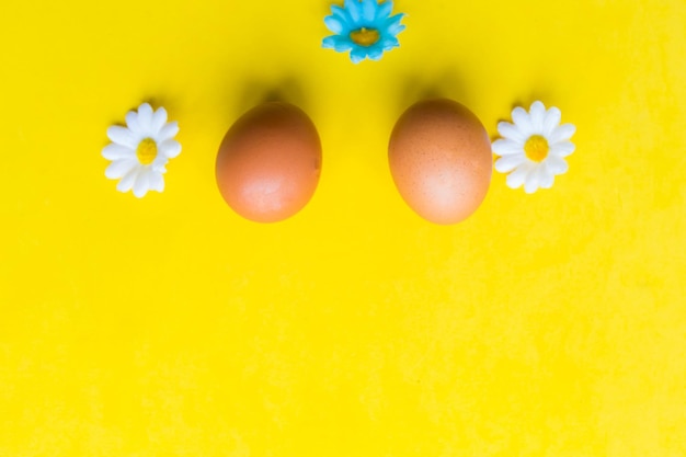 Twee kippen eieren en decoratieve bloemen op een felgele achtergrond Paasconcept Kopieer ruimte voor de tekst