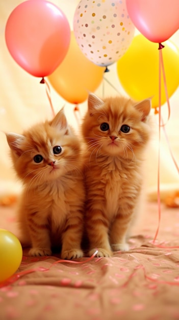 Twee kittens met ballonnen op de vloer