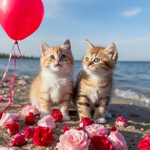 Twee kittens met een rode ballon en rozen op het strand