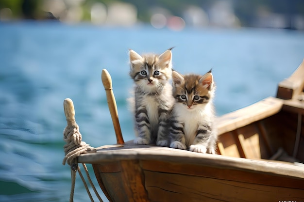 Twee kittens op een boot in een meer