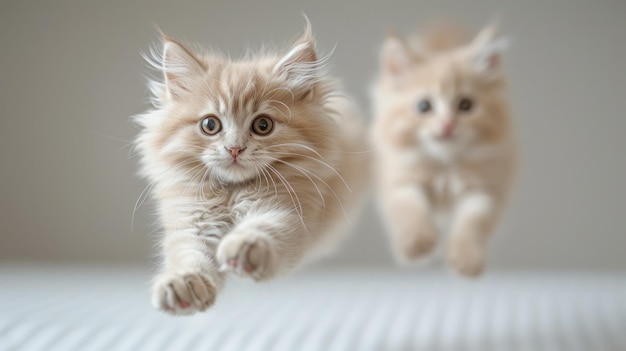 Twee kittens rennen op bed