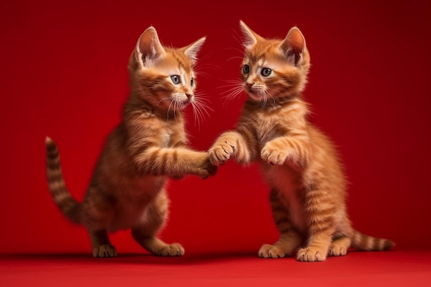 Twee kittens schudden elkaar de hand, waarvan er één rood is.