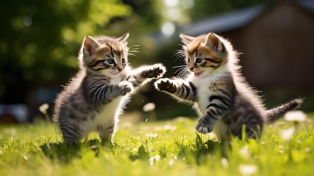 twee kittens spelen in het gras met één die aan het schoppen is