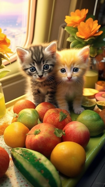 Twee kittens zitten naast een stapel fruit.