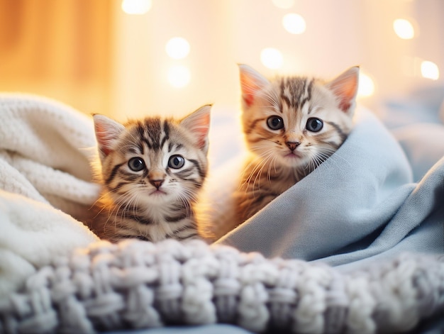 twee kittens zitten op een deken