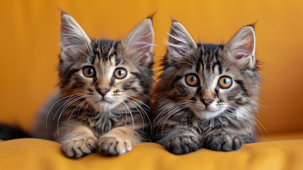 Twee kittens zitten op een gele bank