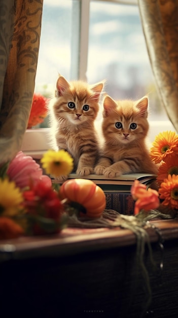 Twee kittens zitten op een vensterbank, waarvan er één open ligt voor een boek.
