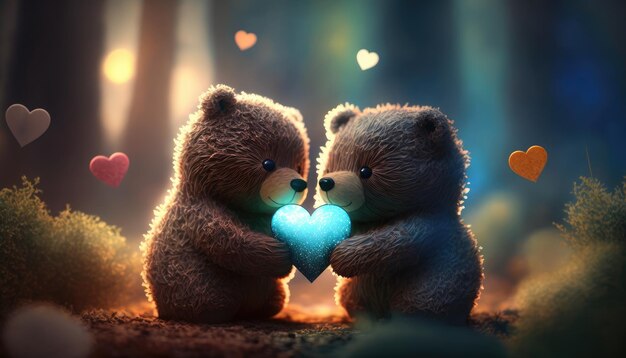 Foto twee kleine beren speelgoed houdt hart in poten op kleurrijke lens flare achtergrond schattige verliefde teddyberen
