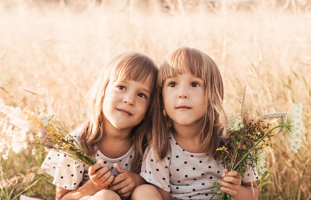 Twee kleine gelukkige identieke tweelingmeisjes die in de zomer samen in de natuur spelen. Meisjes vriendschap en jeugd concept. Actieve levensstijl van kinderen.