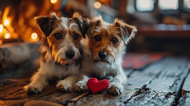 Foto twee kleine honden met een rood hart op valentijnsdag met kopieerruimte generatieve ai