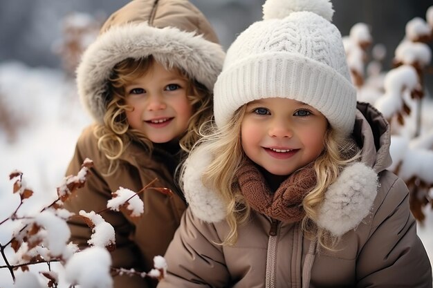 Twee kleine kinderen hebben plezier in de prachtige winternatuur met met sneeuw bedekte bomen