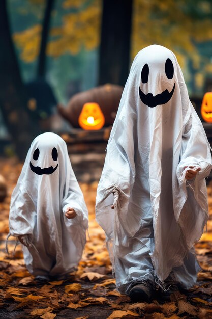 Foto twee kleine kinderen in witte kostuums vieren halloween het concept van een spookkostuum voor halloween generatieve ai