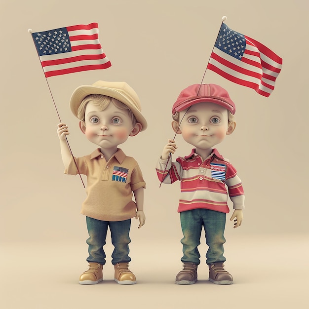 Twee kleine kinderen met Amerikaanse vlaggen waarop één quote staat.