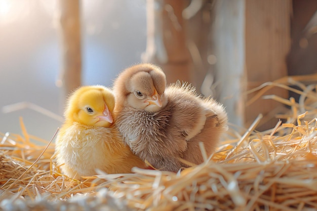 Twee kleine kippen vrienden op een traditionele pluimveeboerderij Biologische landbouw