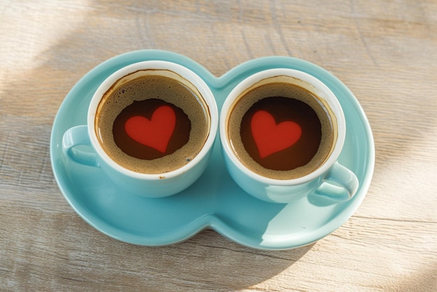 Twee kleine kopjes koffie vergezeld van een hartvormige schotel.