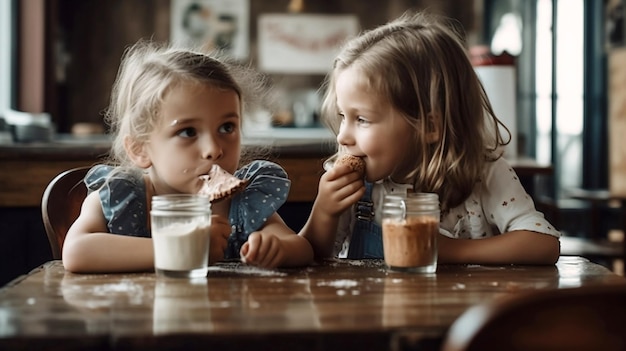 Twee kleine meisjes die koekjes eten en melk drinken in een restaurant.