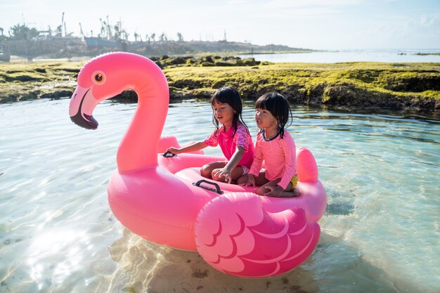 Twee kleine meisjes gelukkig rijden op een flamingo boei