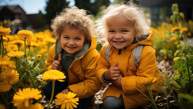 Twee kleine meisjes in gele jassen en sjaals in de tuin