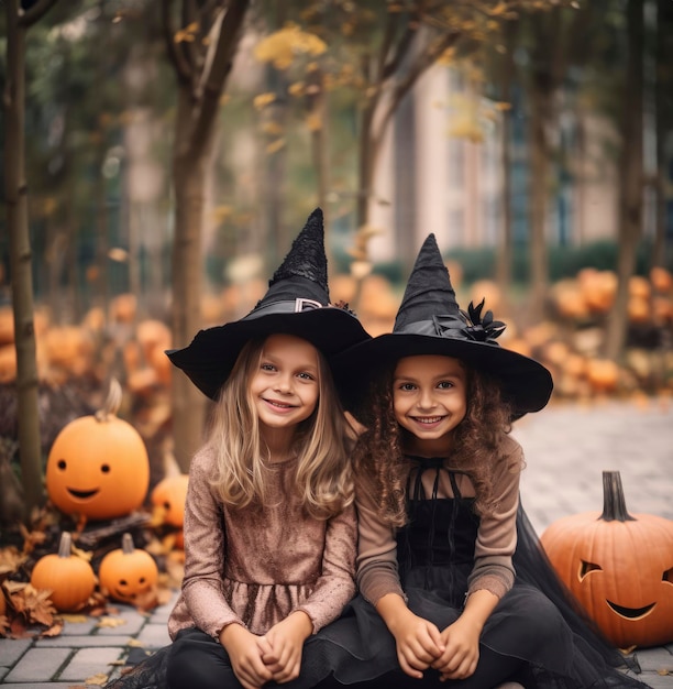 Twee kleine meisjes in heksenhoeden zitten samen buiten in een tuin die is versierd voor Halloween