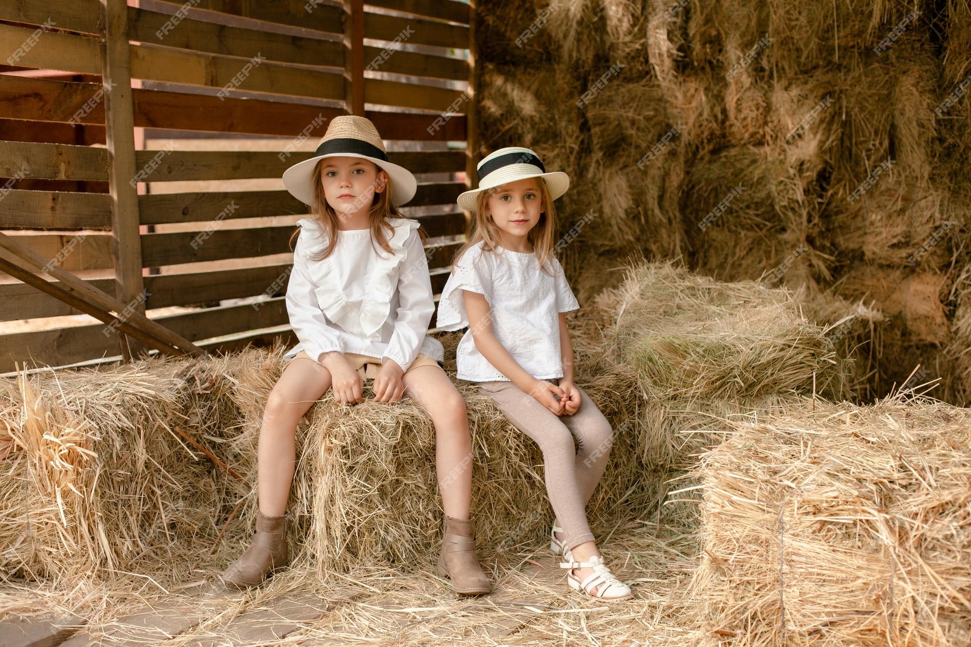 deken Trottoir Anemoon vis Twee kleine meisjes in landelijke kleding die op een zomerdag op de  hooizolder zitten | Premium Foto