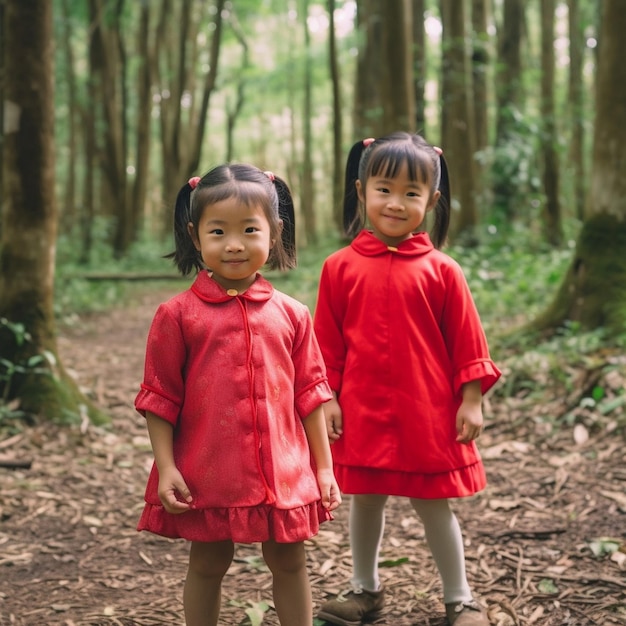 twee kleine meisjes in rode regenjassen staan in het bos.