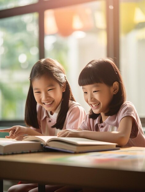 Twee kleine meisjes lezen boeken in een klaslokaal, een van hen leest een boek.