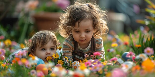 Twee kleine meisjes liggen in een veld van bloemen